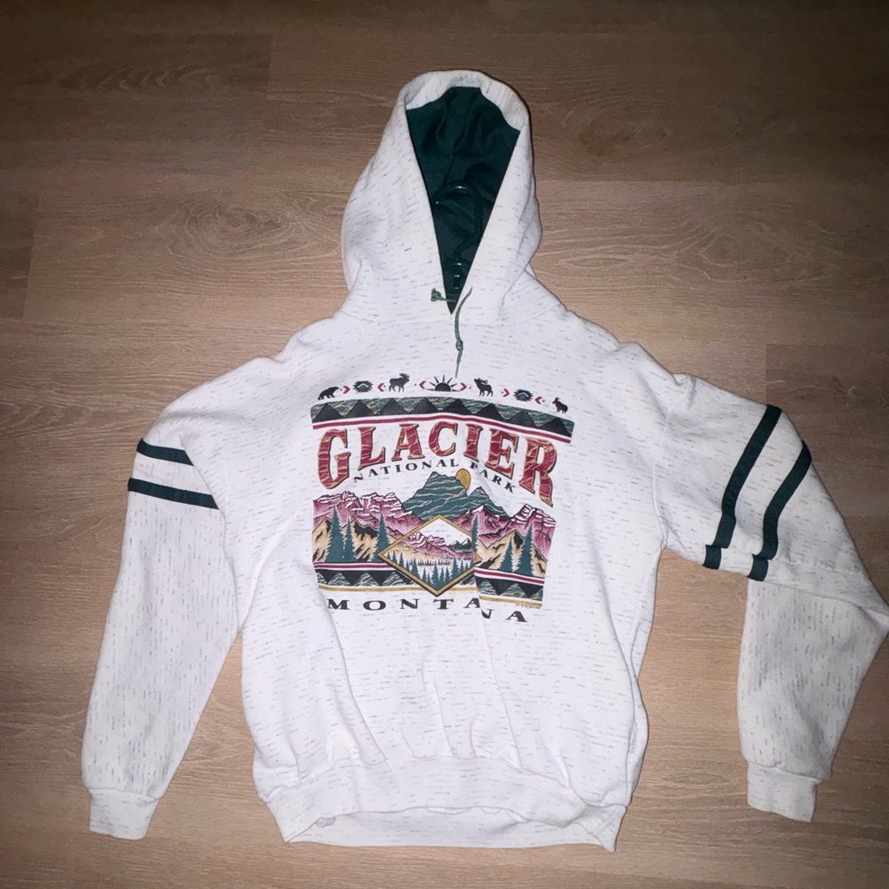 Vintage Glacier Mountain Montana Hoodie – White & Green – Men’s XL